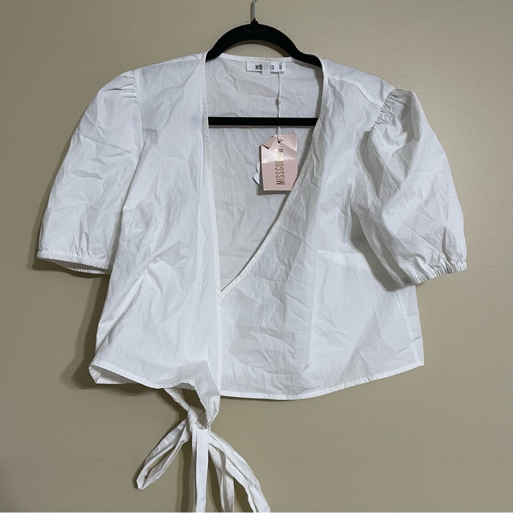 Missguided poplin puff sleeve wrap crop top size 10‎